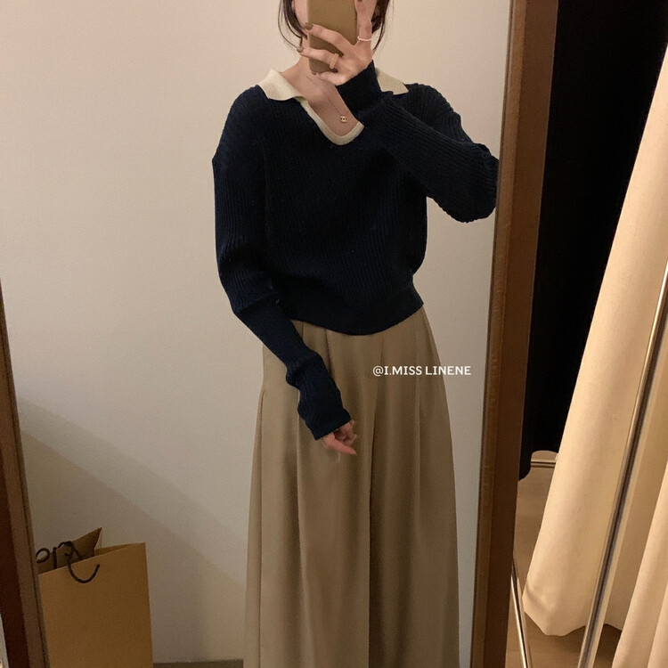 【IMISS】French Contrast Color Polo Neck Pullover Knit Sweater QK0235