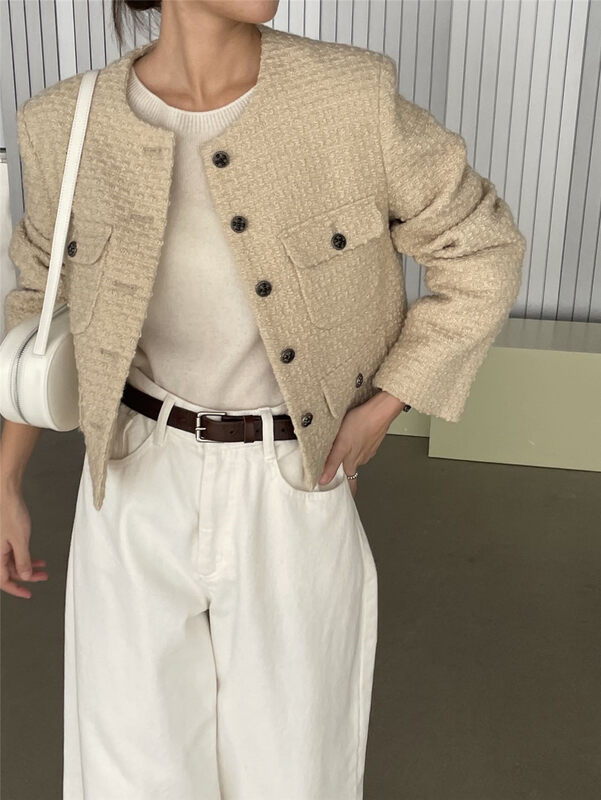 【CLEAN SPACE】Small Fragrance Texture Round Collar Short Jacket (50 Wool) 33270# CQW