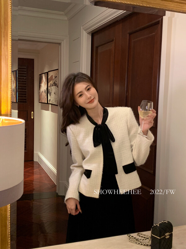 New in winter! [Xiu Xixi] French style high-end contrast color tie bow short coat 389# JHY
