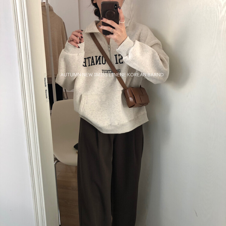 【IMISS】Korean Lazy Half-Zip Letter Print fleece Sweater QK3187# FHX