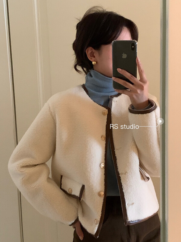 New for winter!  【RS】Round Neck Colorblock Single Breasted Short Jacket LL0225# FHX