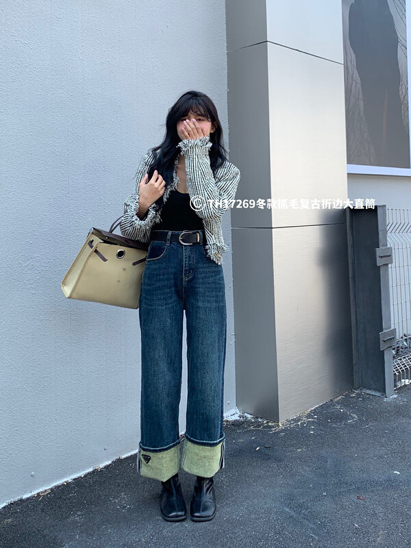 New in winter!【T.H】Korean loose straight-leg fleece jeans (with belt) 17269# LSW