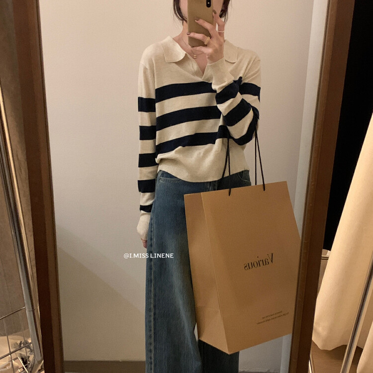 【IMISS】Korean casual polo striped knitted sweater QK0253# FHX