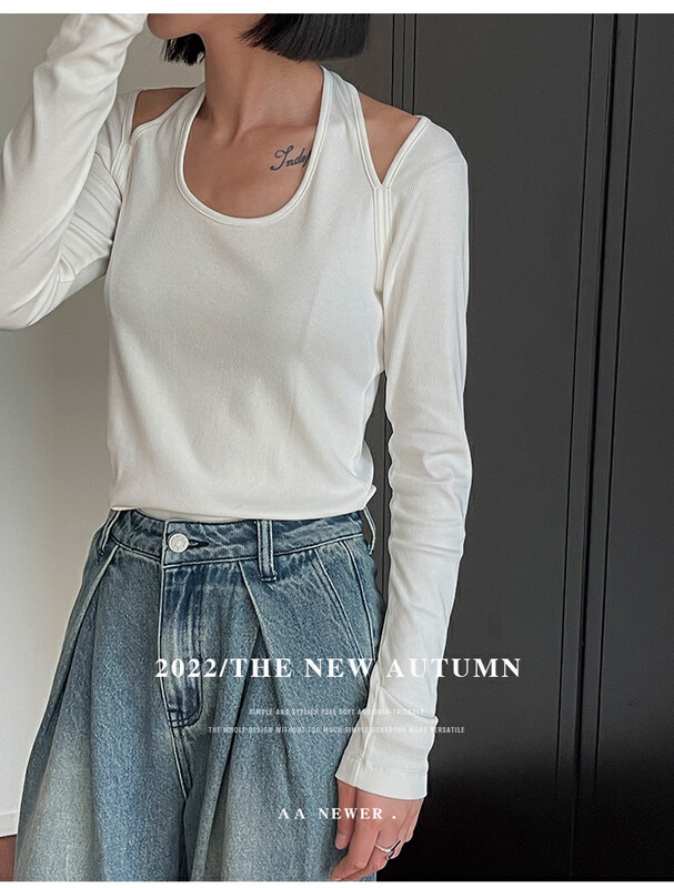 Original price 50.76! [THE MIND] Korean hanging neck fake two-piece slim long-sleeved T-shirt 61022