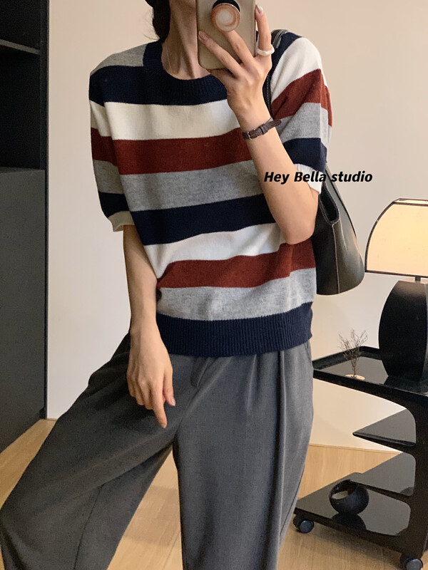 Original price 66.55! New in autumn! [HEY BELLA] Korean striped loose knitted sweater B5339# L