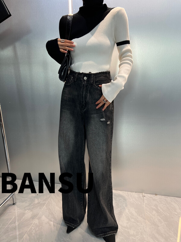 [Semi-plain] high-neck simple contrast color casual sweater L1103# ZJY