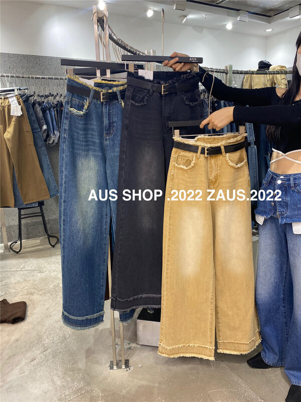 New in autumn! [AUS] Tide brand retro raw edge mopping jeans (with belt) G59A# LSW