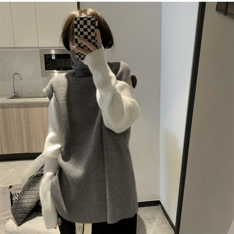 [Semi-plain] high-neck color-blocking Korean thin sweater 8919# ZJY