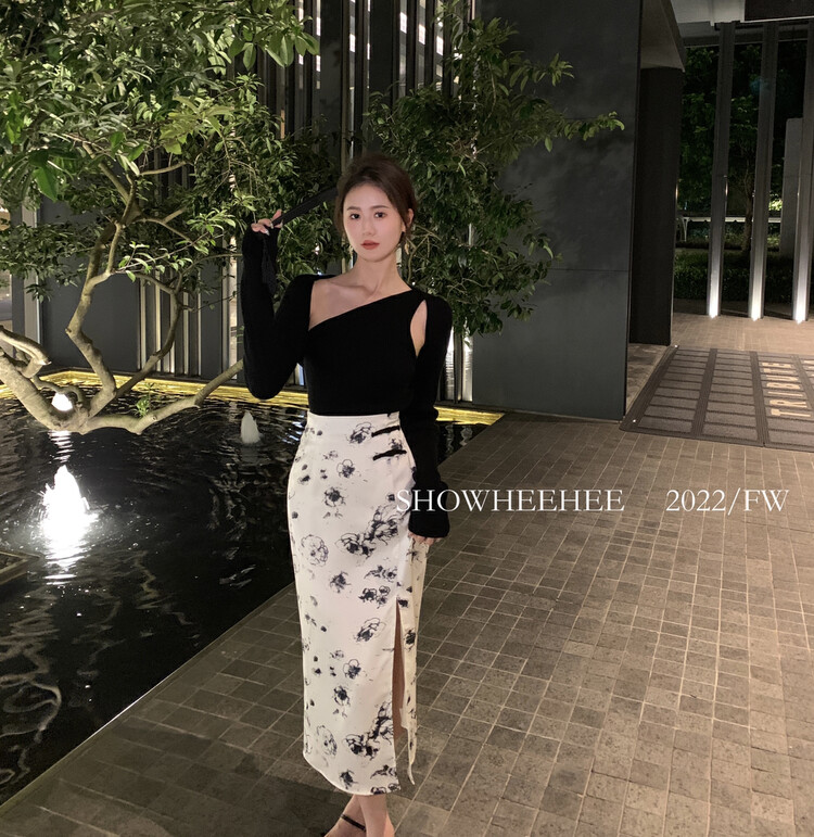New in autumn! [Xiu Xixi] National style wear with niche design slanted shoulder knitted camisole + simple loose knitted cardigan suit 22-1001# JHY