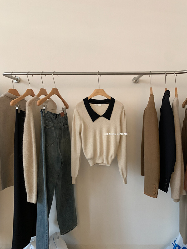 【IMISS】French contrast color polo collar knitted sweater QK0250