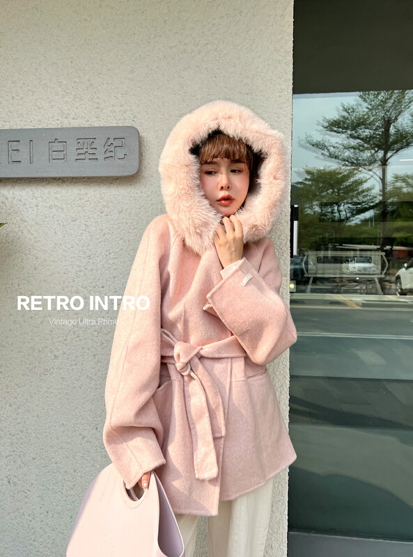 [RIN] Korean style simple temperament fur collar pie to overcome double-sided woolen coat (with fur collar fox fur real hair detachable) RB2073