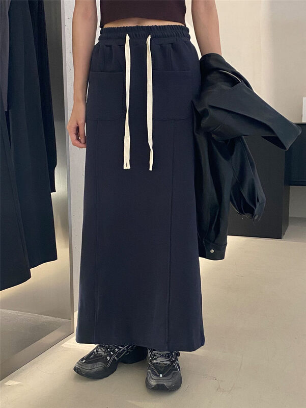 New in autumn!【CLEAN SPACE】Simple and casual double-pocket elastic waist tie skirt 32787# CQW