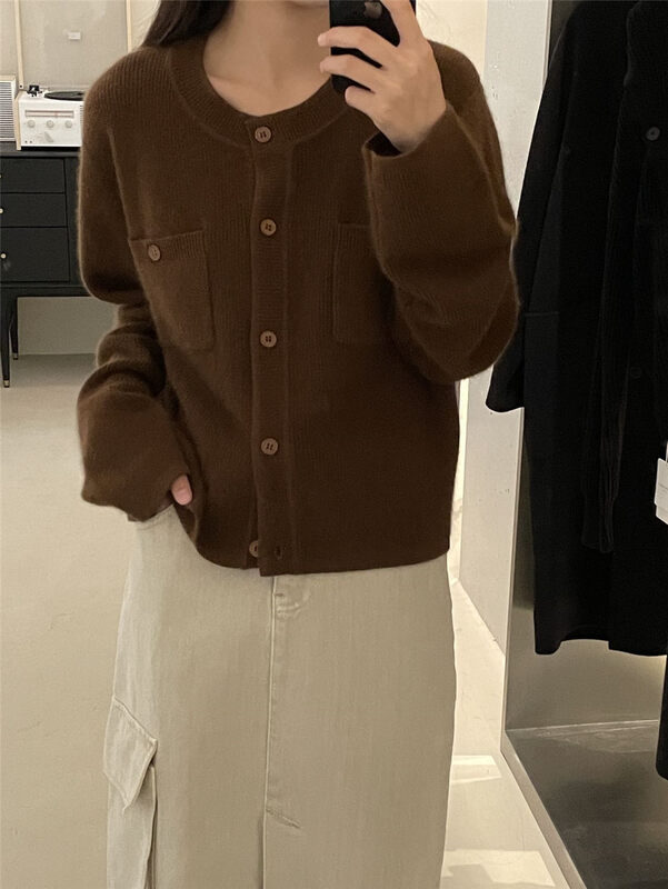 50% raccoon hair, small fragrance elements [CLEAN SPACE] small fragrance simple solid color round neck casual knitted cardigan 32967# CQW