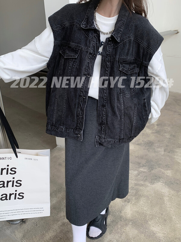 New in early autumn! [Korean original] Leather denim vest with shoulder pads 1529-1# FHX
