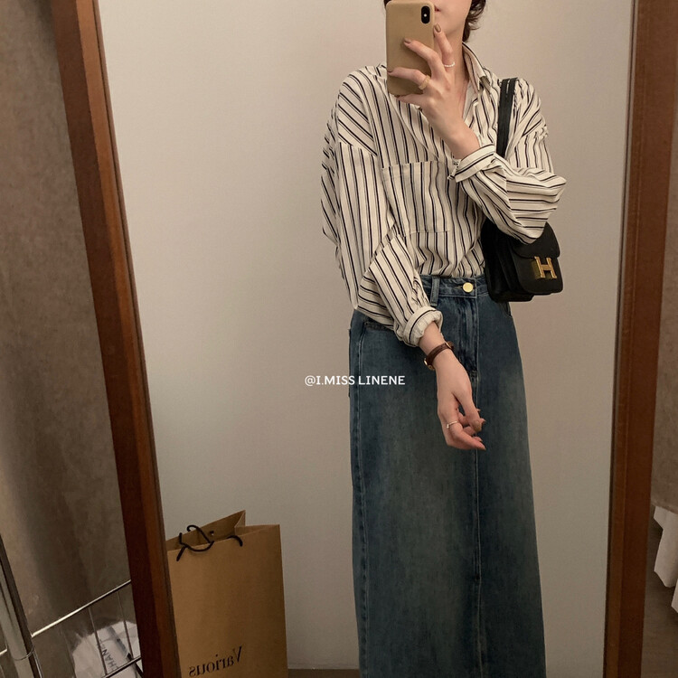 【IMISS】Korean Style Casual Lazy Striped Shirt QK8089# FHX