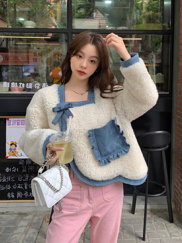 [KIKI STUDIO] Autumn and winter thickened faux wool stitching denim short jacket (with detachable bow) 6932# HJY