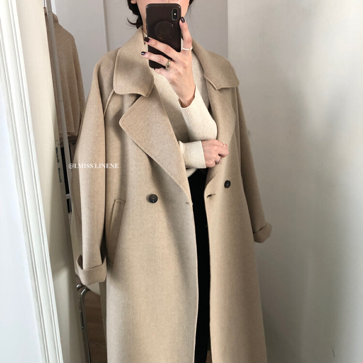【IMISS】Korean casual lapel double-sided woolen overcoat (with waist rope) QK3081