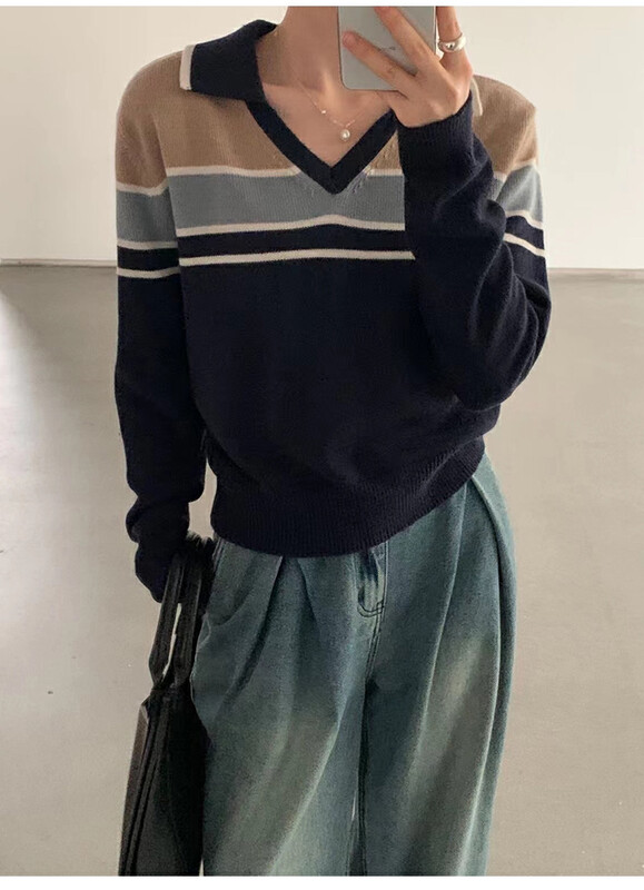 【THE MIND】V-neck contrast collar striped color-blocking fashion all-match warm sweater 71381# JHY