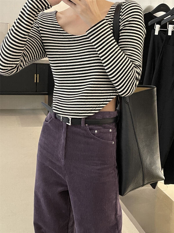 Autumn is new! [CLEAN SPACE] Contrast color striped slim short shirt 33351# CQW