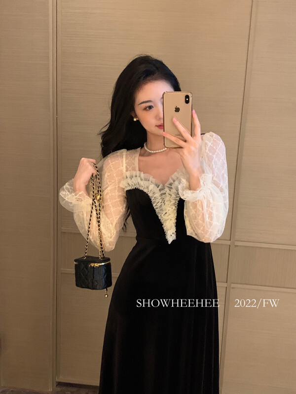 New in winter! [Xiu Xixi] French Hepburn style high-end sense with lace lotus leaf sleeves temperament and elegant velvet dress 8187# JHY