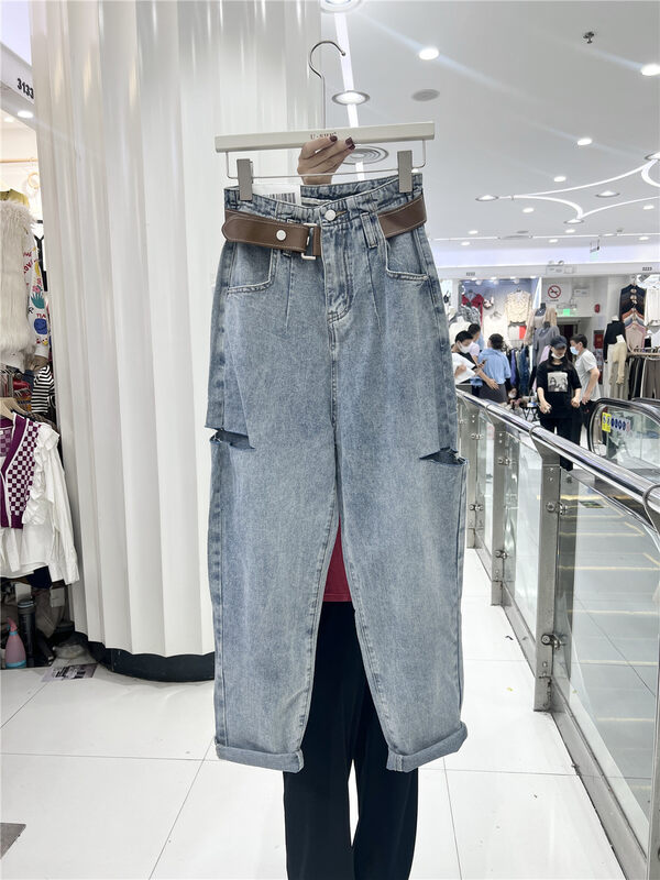 New in autumn! [U.SHE] Casual loose ripped jeans (with belt) 3362# JJ