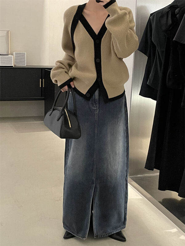 【CLEAN SPACE】Korean high waist slit velvet denim skirt 33358# CQW