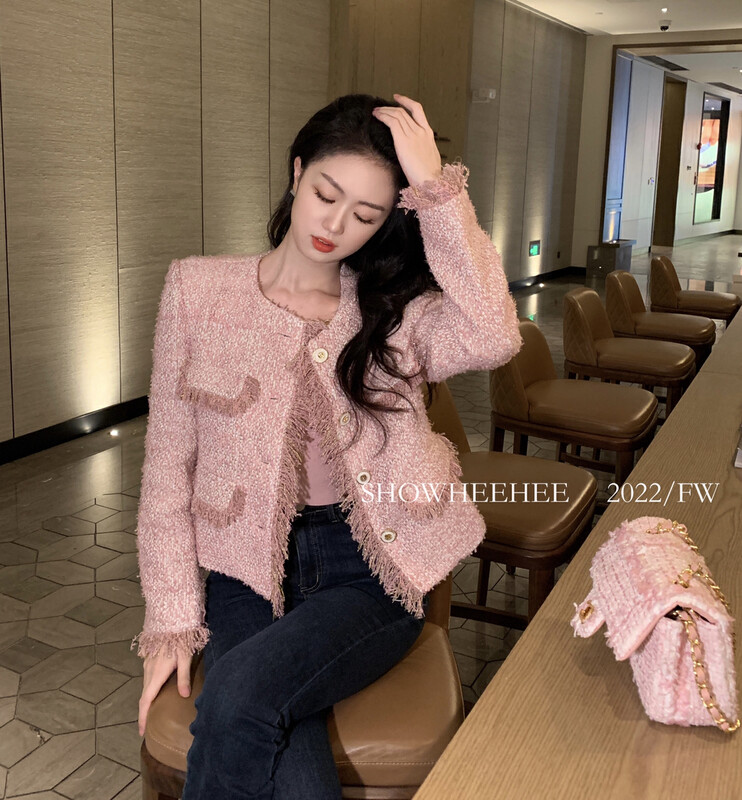 New for winter!  [Xiu Xixi] Temperament celebrity high-end tassel design round neck all-match small fragrance short coat 372# JHY