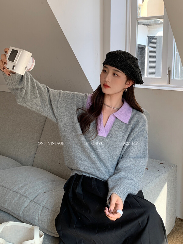 【ONIVINTAGE ONIVINTAGE】Contrast color lazy lapel sweater warm sweater OW226M6101# CQW