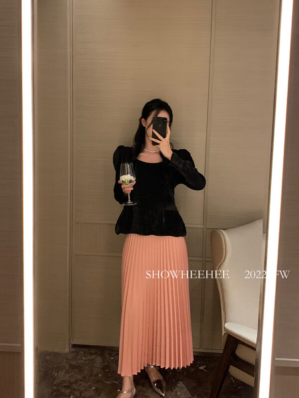New in early autumn! [Xiu Xixi] drape high waist leather pleated all-match skirt 19551# JHY