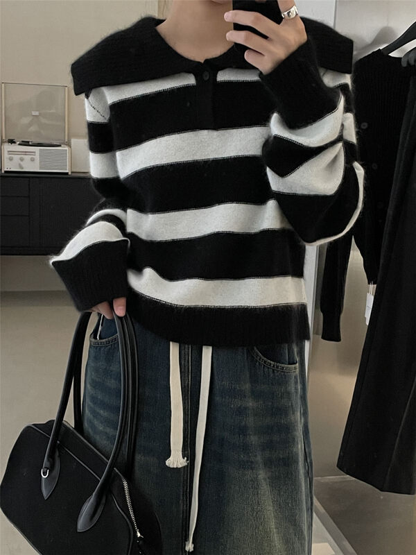New in autumn!【CLEAN SPACE】Korean striped casual large lapel sweater 33321# CQW