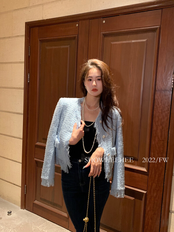 New in winter! [Xiu Xixi] French fringed edge design heavy industry custom buckle wild round neck small fragrance short coat 357# JHY