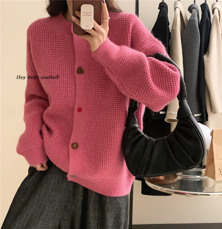 【HEY BELLA】Round Neck Single Breasted Loose Comfortable Warm Sweater B9661# L