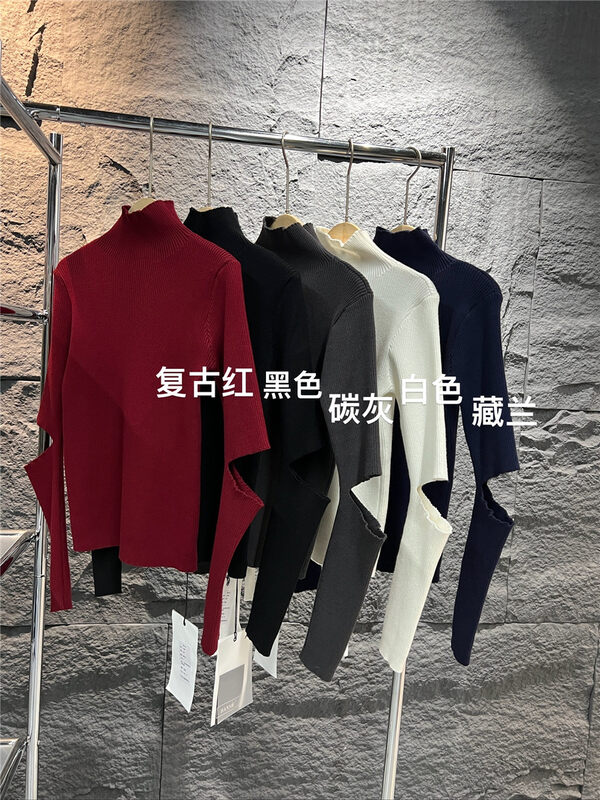 New in winter! [Semi-plain] high-neck slim-fit hollow-sleeve design knitted sweater L1098# ZJY