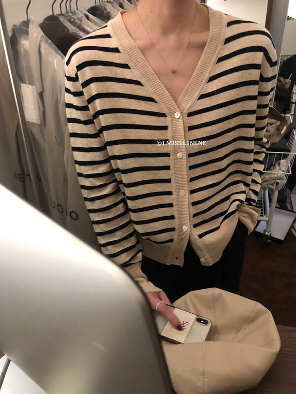 【IMISS】Korean version all-match v-neck striped knitted sweater knitted cardigan QK0286
