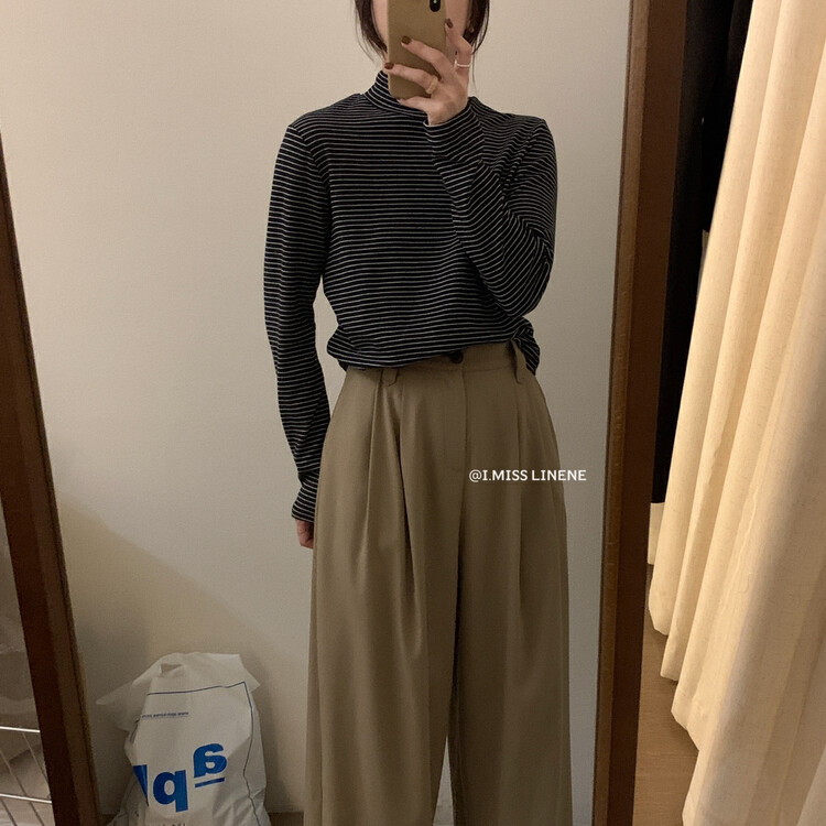 【IMISS】Korean version casual all-match semi-high collar striped bottoming shirt QK3582