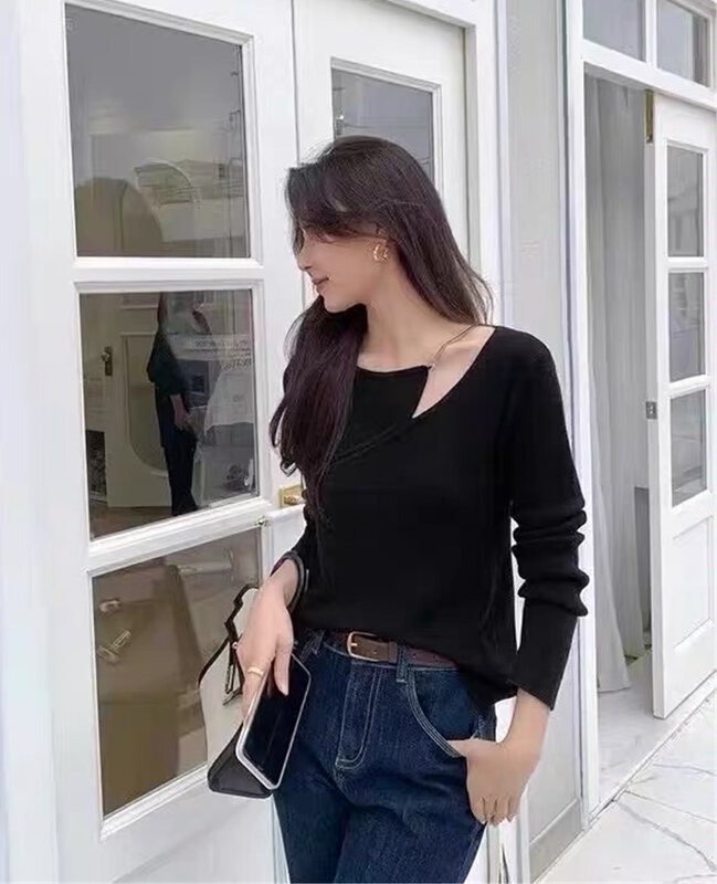 【TAN】Solid color long-sleeved all-match knitted sweater (with chain) T3639# JJ
