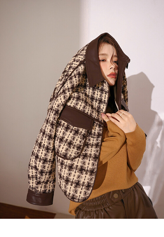 New in winter! [KIKI STUDIO] Korean version of PU leather stitching design houndstooth short coat 6949# HJY