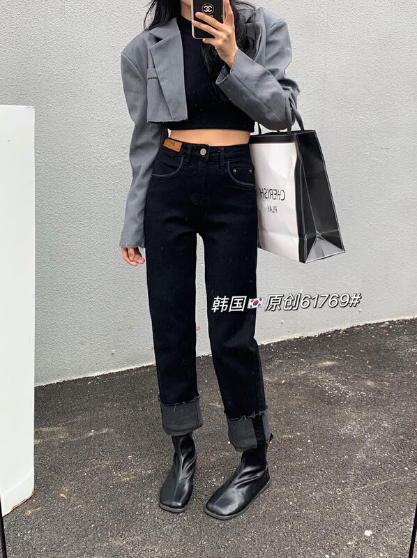 [Korean Original] Winter Leather Label Cuffed Cigarette Pants Jeans 61769