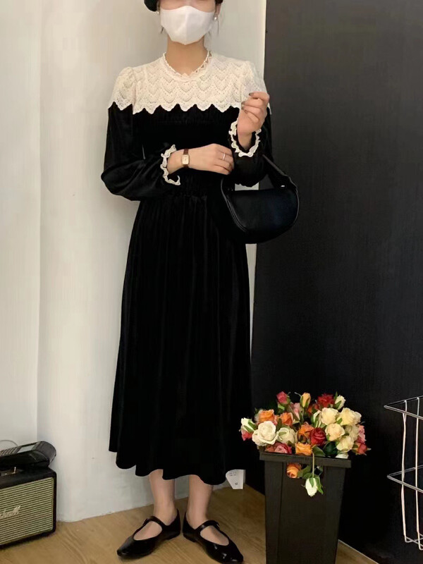 New in autumn! [RS] Lace crochet stitching French retro dress RS2965# FHX