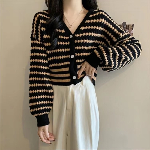 Korean style chic sweet and spicy sweater autumn women's new V-neck striped knitted cardigan short top