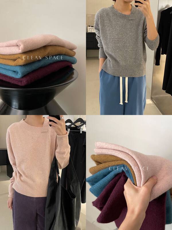 Imported raccoon hair, selected 10 colors [CLEAN SPACE] solid color all-match round neck irregular collar sweater 33080# CQW