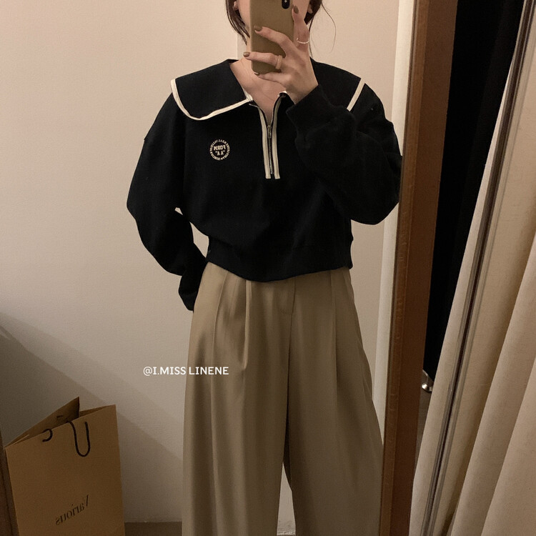 【IMISS】Korean casual color contrast lapel sweater sweater QK3519# FHX