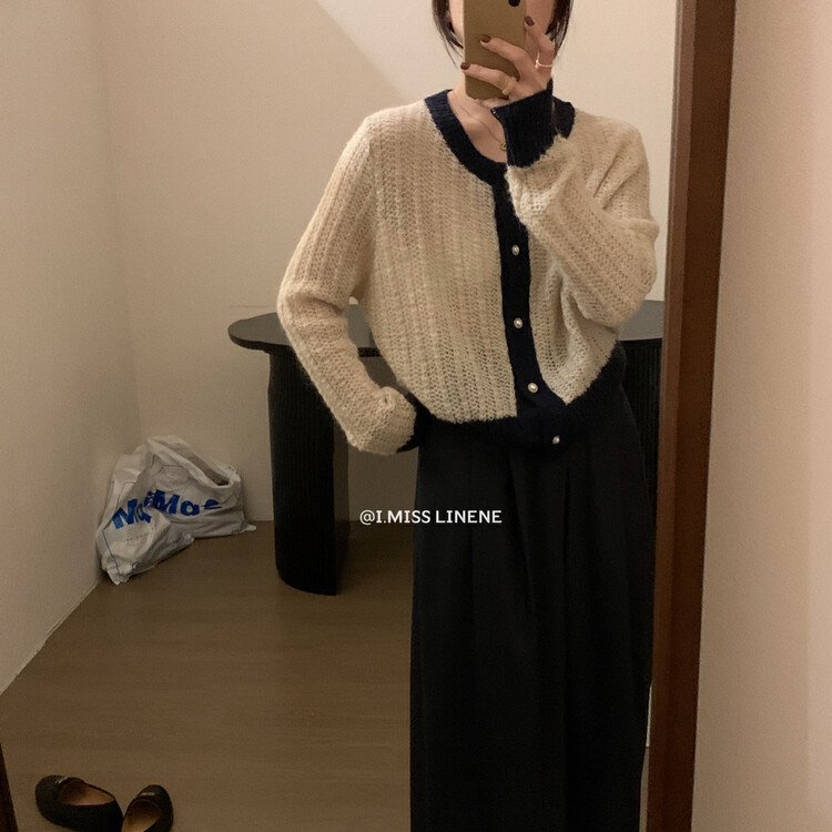 【IMISS】French Gentle Contrast Color Mohair Sweater Cardigan Warm Sweater QK988# FHX