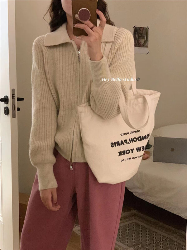 【HEY BELLA】Solid color zipper design loose warm sweater B9678# L