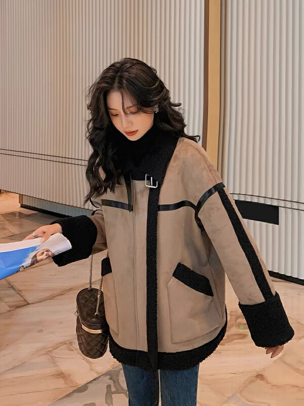 New in autumn! [KIKI STUDIO] Faux fur integrated motorcycle retro short coat 6798# HJY