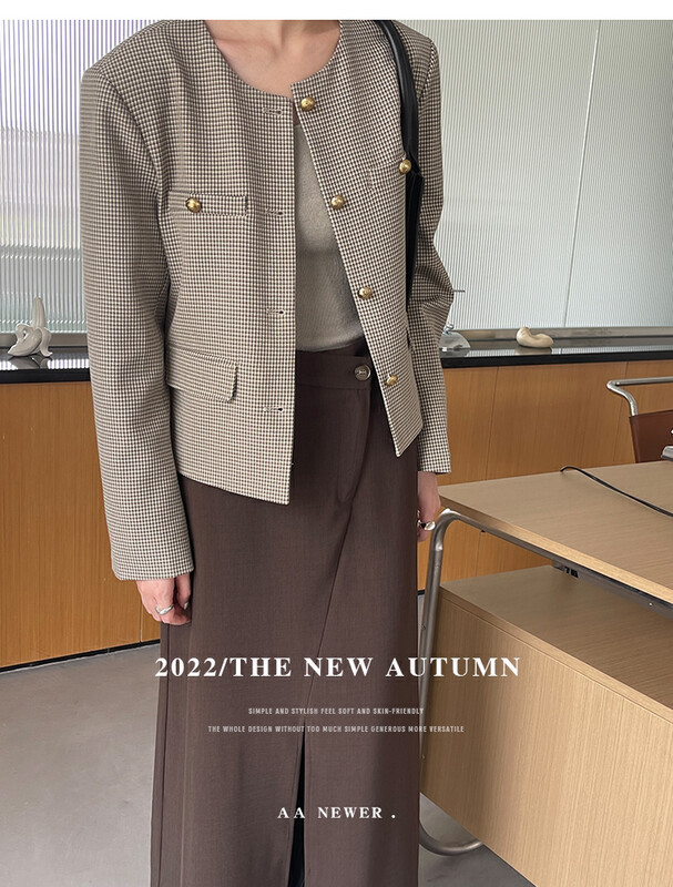 [THE MIND] round neck plaid retro small fragrance short coat 61002