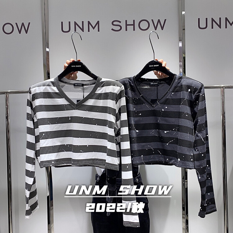 Original price 55.27! New for autumn! [UNM-SHOW] V-neck striped short long-sleeved T-shirt 6599# WTT