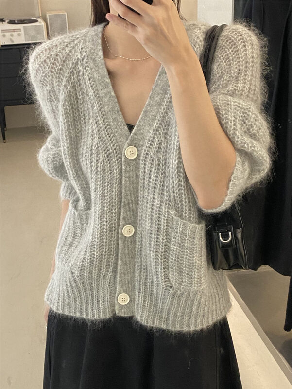 Coarse needle mohair, loose and large size, Korean color 9 colors into [CLEAN SPACE] solid color texture V-neck casual knitted cardigan 33202# CQW