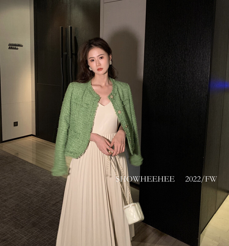 [Xiu Xixi] Temperament Celebrity Tweed Versatile Round Collar Small Fragrance Short Jacket 356# JHY