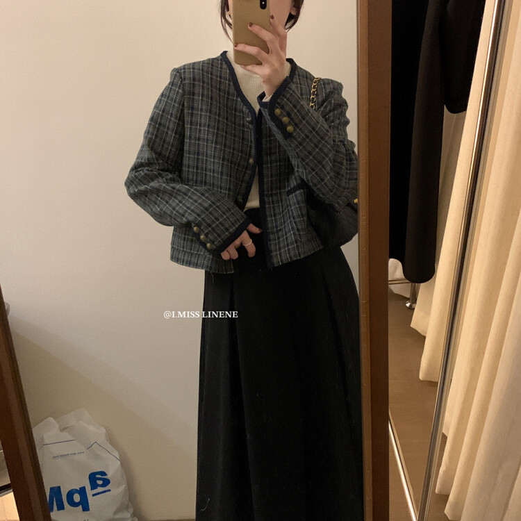 【IMISS】Retro contrasting plaid small fragrance coat short coat QK3600# FHX